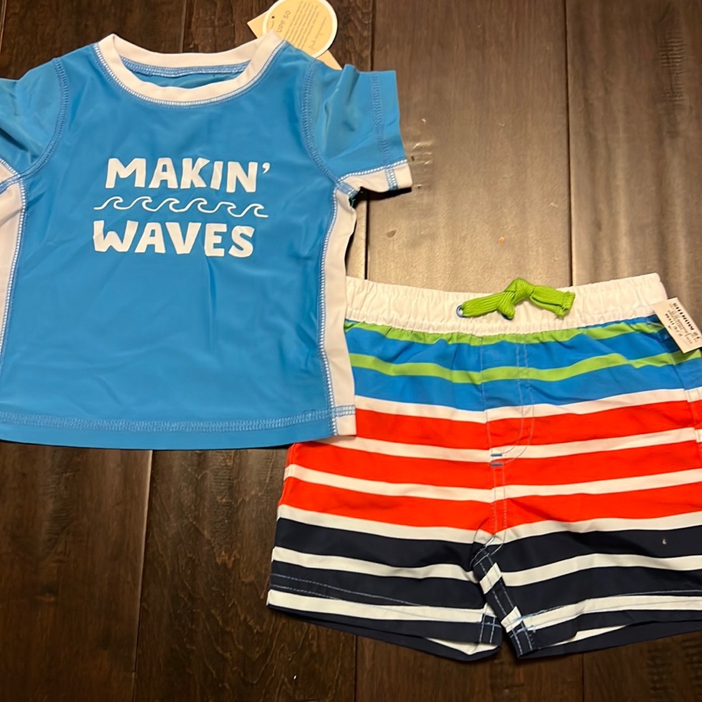 NWT First Impressions Baby Boys Rash Guard and matching striped swim trunks